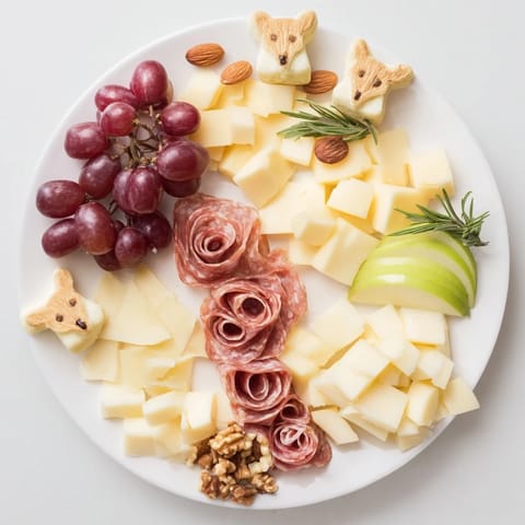 Cozy Forest Animal Board bursting with colorful fruits, assorted cheeses, and animal-shaped treats ready to enjoy.