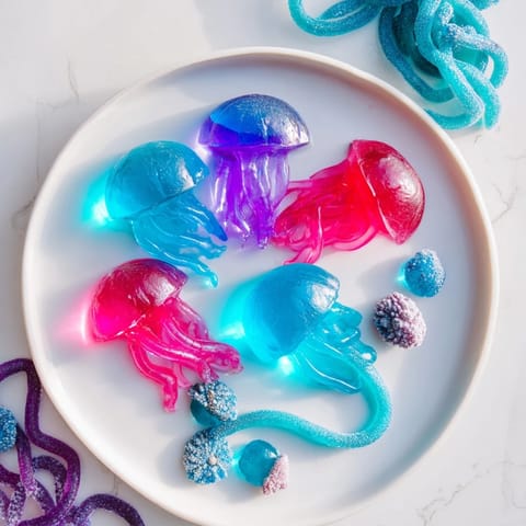 Delicious Jellyfish Candy Platter with playful gummy jellyfish, glistening jellies, and candied "coral" on display.