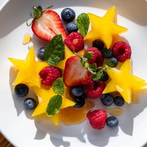 Fresh starfruit and berry platter bursting with sweetness, featuring juicy strawberries and blueberries.