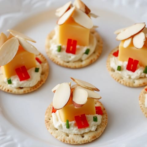 Adorable cheese cubes form mini Alpine Village structures with almond-sliced roofs, ready to enjoy.