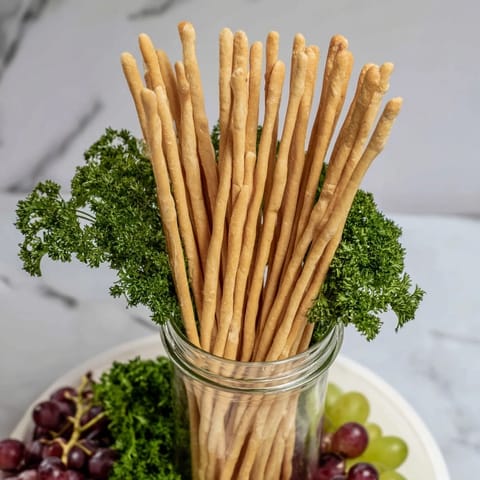 Vibrant "Vertical Forest" food arrangement: breadsticks in jars with grapes and parsley for snacking.