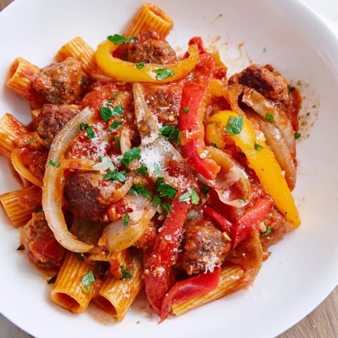 Tender Sausage and Peppers Pasta, with colorful bell peppers and savory sausage in a rich tomato sauce.