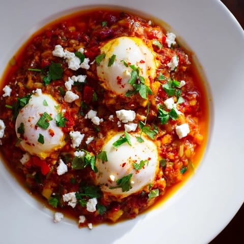 Bright red-orange Israeli Shakshuka Eggs, a vegetarian meal with fresh herbs and crumbled feta cheese.