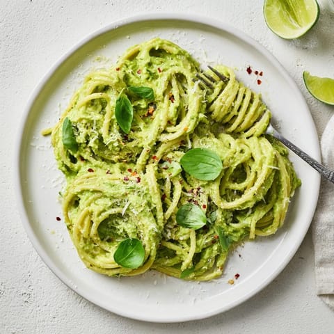 Two forks twirl Smashed Avocado Pasta in a ceramic bowl with fresh basil and chili flakes.
