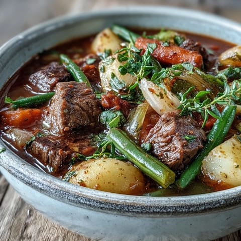 Beef and Vegetable Soup simmering in a pot with potatoes, celery, and fresh herbs, ready to warm up a chilly evening.