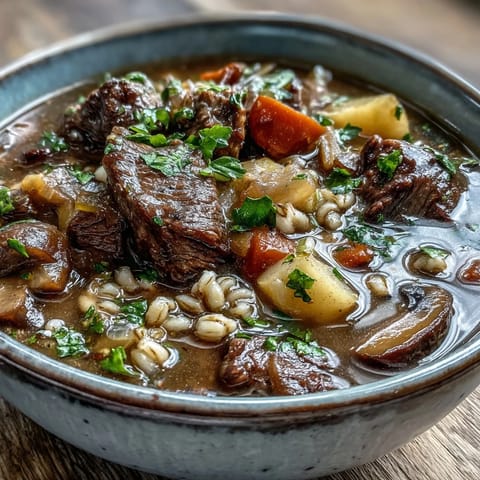 Freshly made Vegetable Beef, Barley, and Mushroom Soup steaming in a rustic bowl, ready to enjoy.