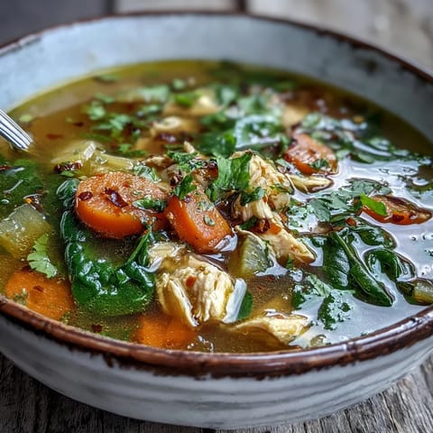 This golden chicken soup features diced carrots, zucchini, and tender chicken pieces in a clear broth.