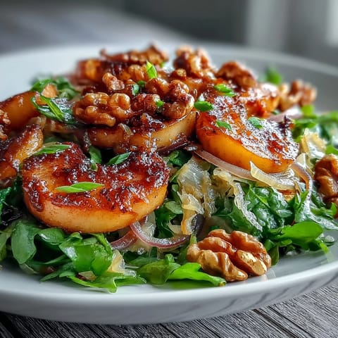 Warm Apple and Sauerkraut Skillet Salad with caramelized apples, sautéed onions, and wilted greens on a wooden board.