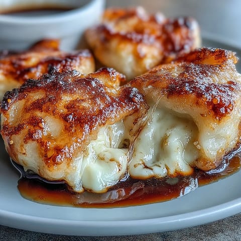 Golden-brown pan-fried Chīzu Imomochi dumplings, brushed with a glossy soy-honey glaze, served warm and ready to eat.