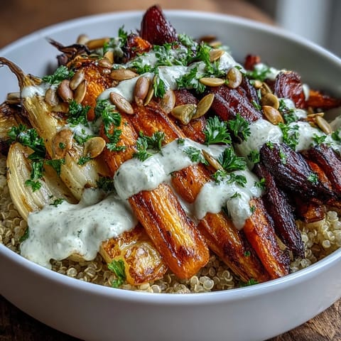 A wholesome roasted root vegetable bowl topped with fresh parsley and toasted pumpkin seeds, ready to serve.