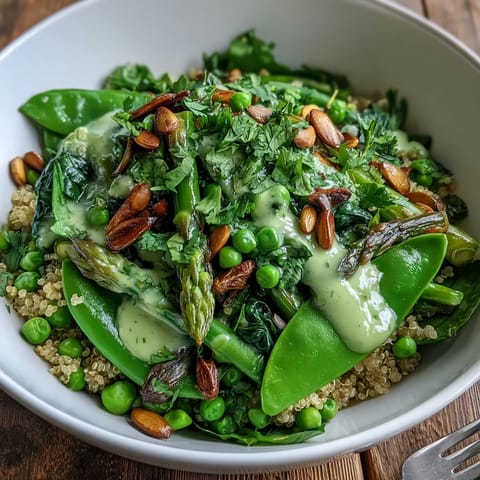 Colorful Spring Green Bowl garnished with seeds, fresh herbs, and creamy feta, served ready to eat for lunch.