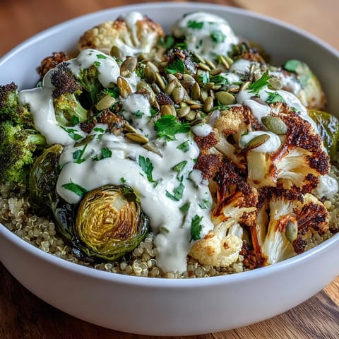 Golden roasted broccoli, cauliflower, and Brussels sprouts piled high in a Roasted Brassica Bowl atop fluffy quinoa.