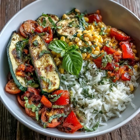Bright summer vegetable bowl with sautéed zucchini, bell peppers, tomatoes, and sweet corn over fluffy rice, topped with fresh basil.