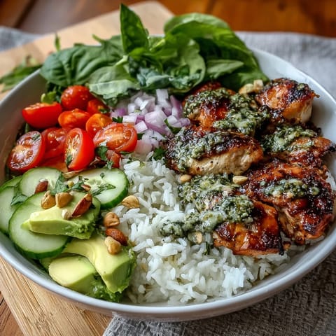 A close-up of a homemade Pesto Chicken Bowl with juicy chicken, cherry tomatoes, and pine nuts over rice.