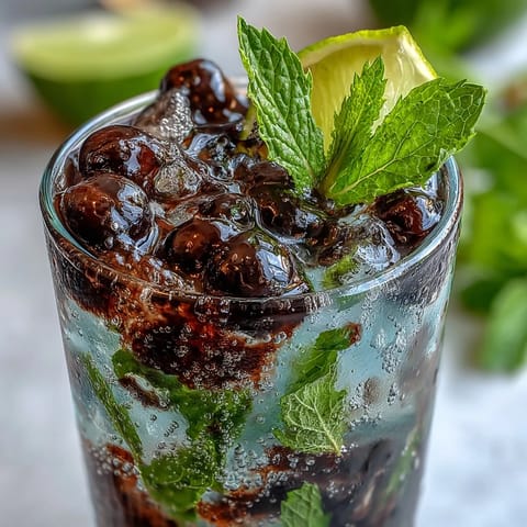 A refreshing Black Currant Mojito garnished with a fresh mint sprig and black currants, served in a highball glass on a sunny patio table.