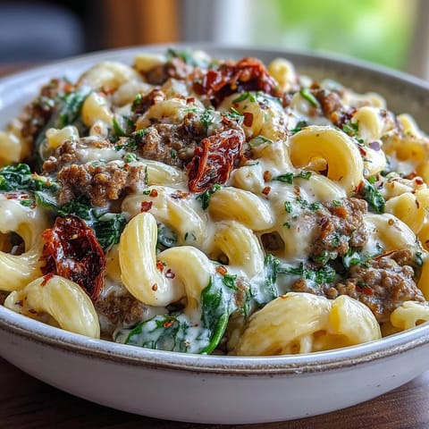 Creamy Tuscan Chili Mac plated with garlic bread and fresh basil garnish on a rustic table.