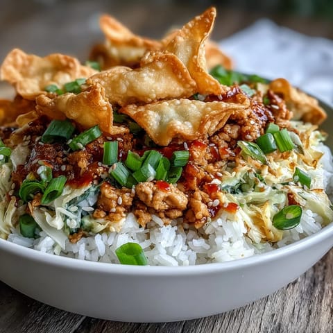 Crispy Baked Egg Roll Chicken Bowls served over fluffy rice, topped with golden wonton strips and fresh green onions.