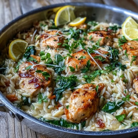 Golden seared chicken thighs and creamy orzo pasta simmer in a bright lemon garlic sauce, garnished with fresh spinach and parsley. 