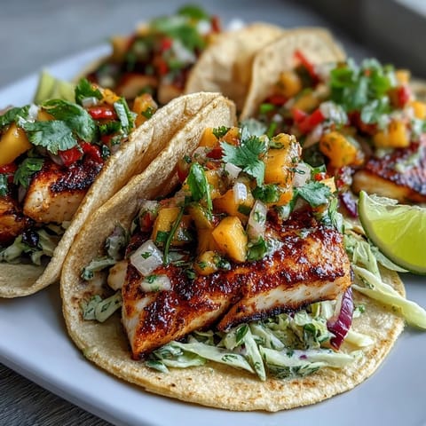 Pan-seared tilapia fillets with mango salsa piled onto warm corn tortillas topped with shredded red cabbage.