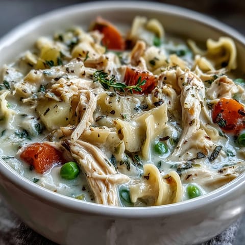A ladle of Creamy Chicken Pot Pie Soup poured into a white bowl beside crusty bread, perfect for a cozy weeknight dinner.