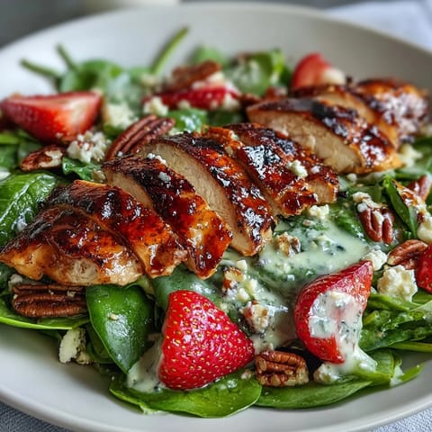 Fresh baby spinach topped with juicy grilled chicken, sliced strawberries, feta, and crunchy pecans, drizzled with homemade poppy seed dressing.  
