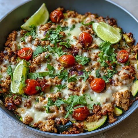 A healthy, easy-to-make skillet dinner featuring lean turkey, diced zucchini, and classic taco spices for a satisfying low-carb meal.  