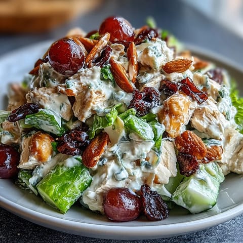 A vibrant vegan chicken salad with creamy dressing, crunchy almonds, and juicy grapes, served on a croissant for a satisfying plant-based lunch.