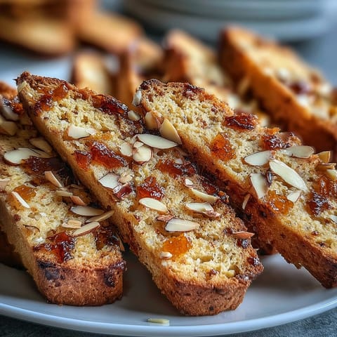 Golden candied orange biscotti arranged on a rustic wooden board, perfect for coffee dipping.