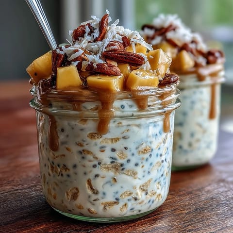 A vibrant bowl of overnight oats with juicy mango chunks, creamy coconut, and crunchy nuts for a tropical breakfast treat.