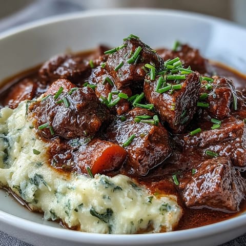 A bowl of lightened Irish beef stew with tender beef and vegetables, served over creamy cauliflower mash.  