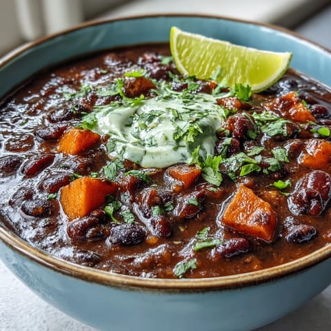 Creamy, hearty soup with tender sweet potatoes, black beans, and a bright lime crema, perfect for a cozy vegetarian dinner.  