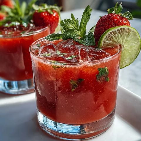 A vibrant strawberry watermelon daiquiri mocktail with fresh mint, lime, and ice, served in chilled glasses for a refreshing summer sip.