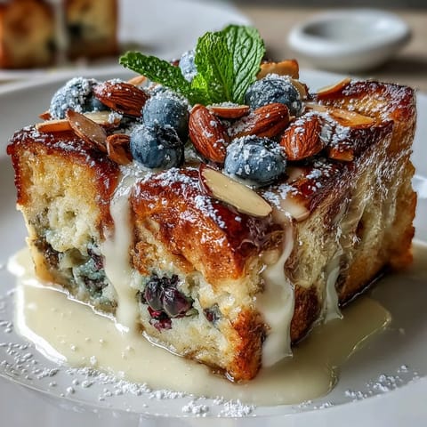 Blueberry lemon sourdough French toast casserole with juicy berries and bright citrus, baked until golden and served with a dusting of powdered sugar.