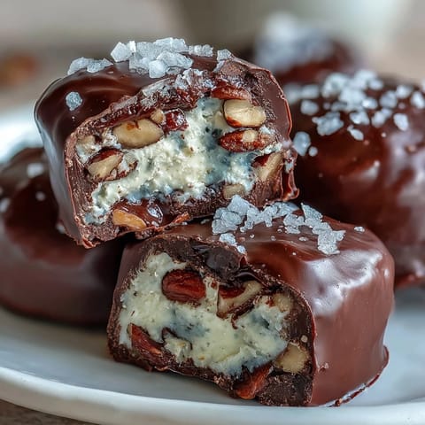 Creamy peanut butter and cottage cheese bites drizzled with dark chocolate, topped with crushed peanuts and flaky sea salt.