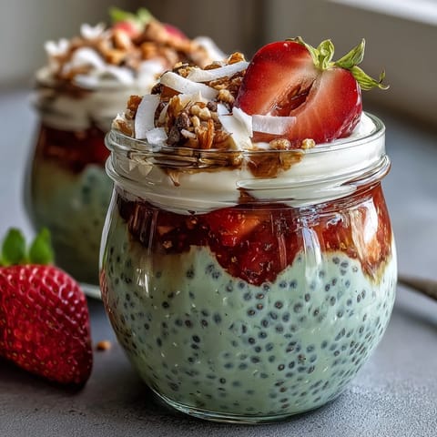 Vibrant layered chia pudding jars with fresh strawberries, matcha cream, and creamy chia base for a stunning breakfast treat.