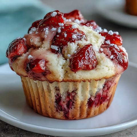 Homemade strawberry yogurt muffins topped with coarse sugar, perfect for brunch or a quick morning snack.  