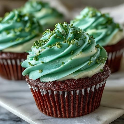 Green velvet cupcakes with creamy vanilla frosting and festive sprinkles, perfect for St. Patrick's Day celebrations.