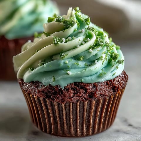 Moist and fluffy green velvet cupcakes topped with smooth vanilla cream cheese frosting, ideal for a festive dessert table.