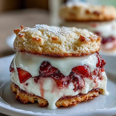 A plate of strawberry shortcake cookies with cream filling, showcasing soft cookies with diced strawberries and a rich vanilla cream center.