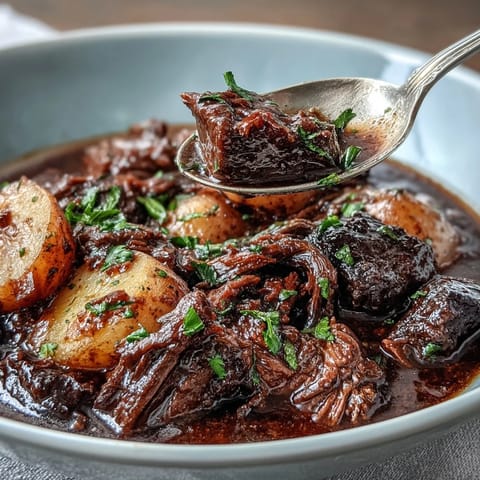 A bowl of hearty beef stew with tender chunks of meat and root vegetables in a rich, savory broth.  