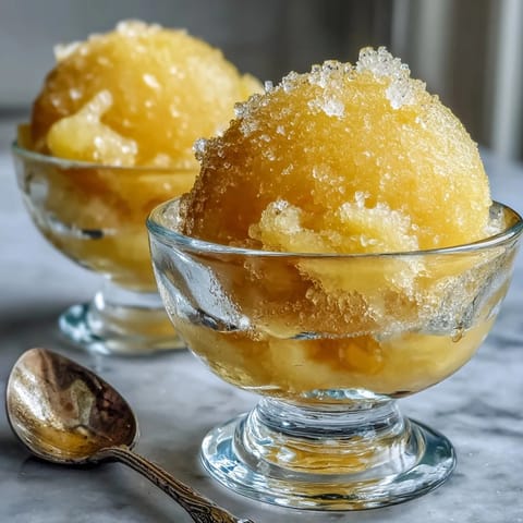 Creamy limoncello sorbet with a vibrant citrus aroma, served in chilled glasses and garnished with fresh mint leaves.