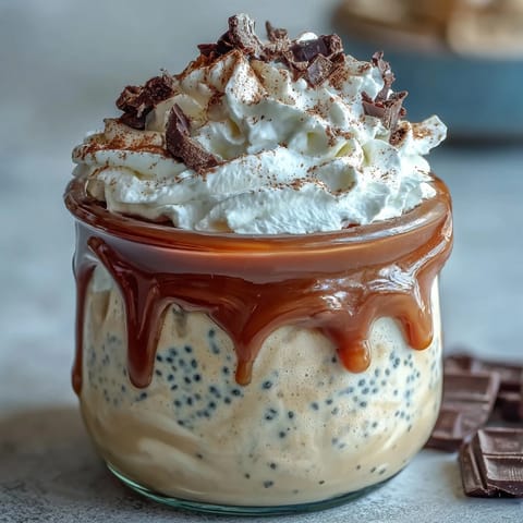 Creamy vanilla bean frappuccino overnight oats layered in a jar, topped with whipped cream and chocolate shavings for a dreamy breakfast dessert.
