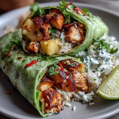 Fresh pineapple chicken and rice lettuce wraps with juicy chicken, sweet pineapple, and crisp lettuce for a tropical, gluten-free dinner.  
