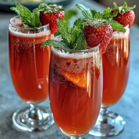 Vibrant strawberry mimosa mocktails in champagne flutes, garnished with fresh mint and citrus slices for a festive brunch.