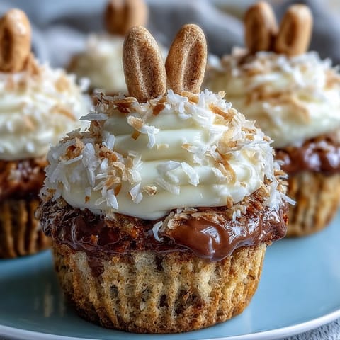 Fluffy coconut cupcakes decorated with marshmallow bunny tails, perfect for Easter celebrations and springtime fun.