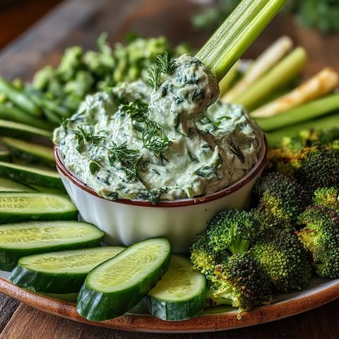 Vibrant green snack board with cucumber, snap peas, and creamy avocado ranch dip for healthy entertaining.