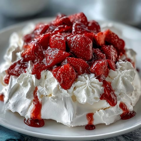 Beautiful strawberry pavlova with whipped cream, fresh berries, and a crisp meringue base ready to serve.