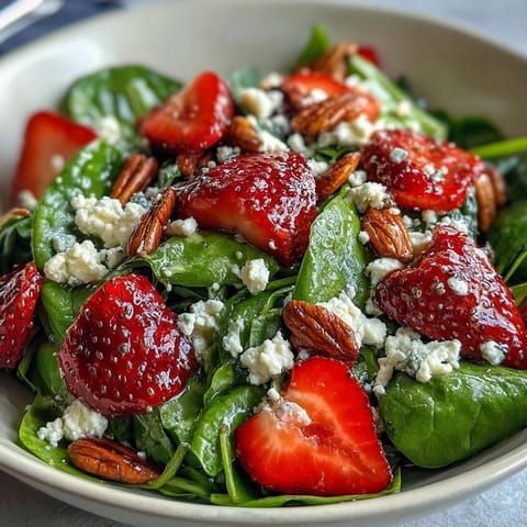 Vibrant strawberry spinach salad with creamy poppyseed dressing, featuring sweet fruit, crunchy nuts, and tangy feta for a refreshing meal.  