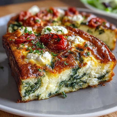A fluffy spinach and feta frittata with sun-dried tomatoes, perfect for a hearty brunch or light dinner.
