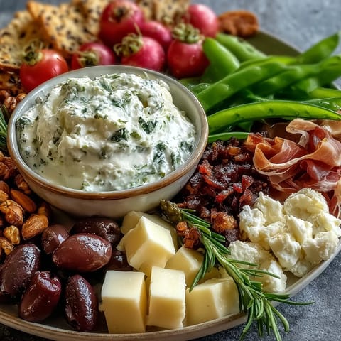 Fresh Spring Charcuterie Board with Radishes, Peas, and Herb Dip: Vibrant seasonal produce paired with savory meats and a zesty yogurt dip, perfect for sharing.  